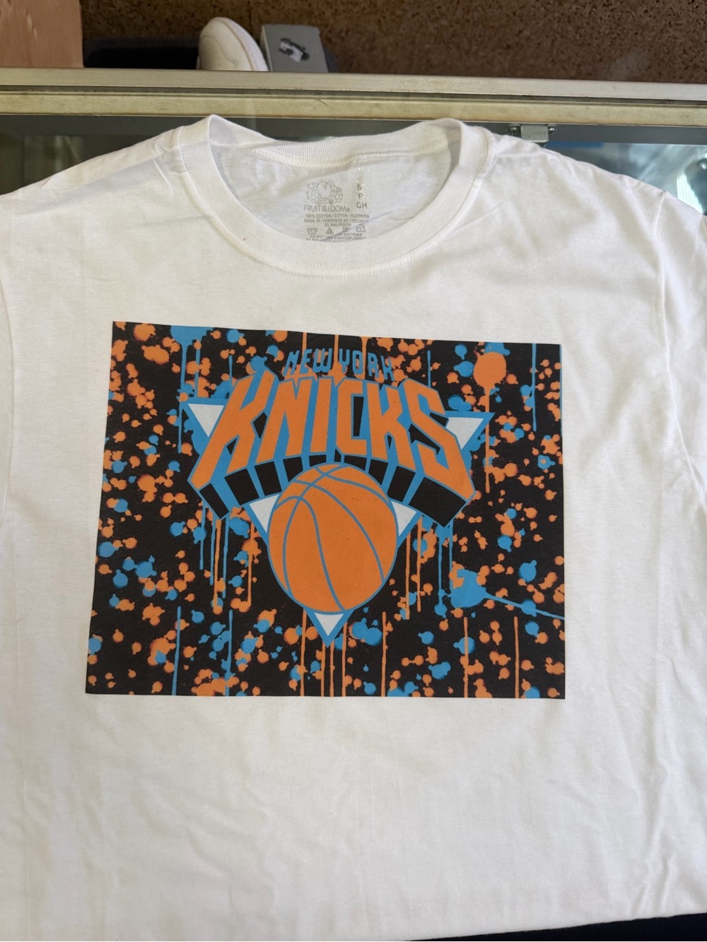 Hanes White New York Knicks Graphic Tee with Orange and Blue Print